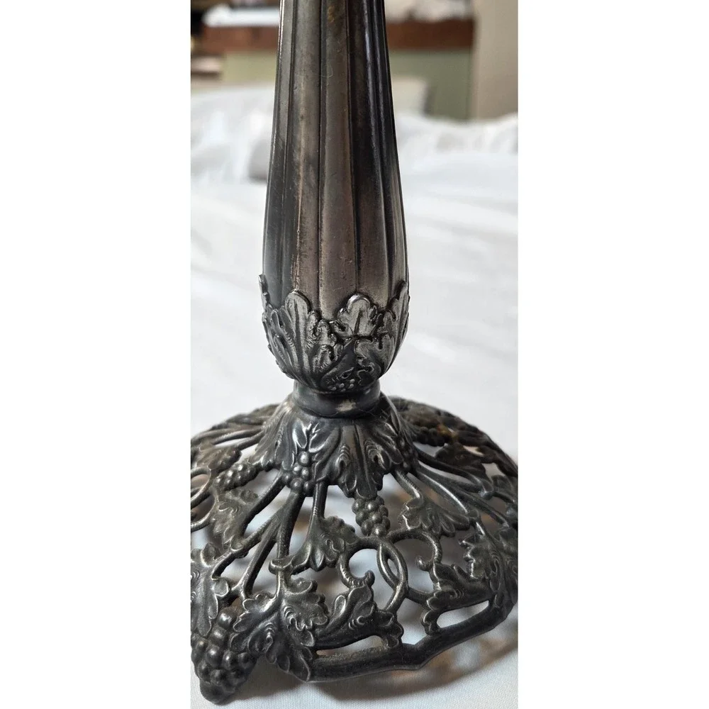 Antique Art Nouveau Grape Vine Candlestick Pewter Pierced Base 9